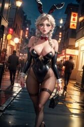 ai_generated bunny_costume bunny_ears bunnysuit dilane93 elsa_(frozen) exhibitionism fit_female frozen_(film) frozen_2 night night_time nylon_stockings nylons thick_thighs walking