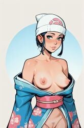 1girls ai_generated blue_hair breasts breasts_out dawn_(pokemon) female female_only hat nipples open_clothes solo tagme upper_body userisbad