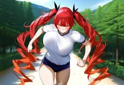 ai_generated azur_lane big_breasts bouncing_breasts forest gym_uniform hair_ribbon honolulu_(azur_lane) huge_breasts large_breasts red_eyes red_hair running sports_bra sports_shorts sports_uniform sportswear twintails