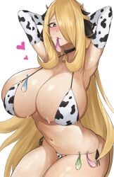 absurdres animal_ears animal_print armpits arms_behind_head arms_up bell bikini black_choker blonde_hair blush breasts choker condom condom_belt condom_in_mouth cow_ears cow_horns cow_print cow_print_bikini cowbell cynthia_(pokemon) elbow_gloves female gloves grey_eyes hair_ornament hair_over_one_eye heart heart-shaped_pupils highres horns huge_breasts long_hair looking_at_viewer micro_bikini mihiro_(mitumitu3232ish) mouth_hold navel neck_bell pokemon pokemon_dppt print_bikini simple_background sitting solo stomach sweat swimsuit symbol-shaped_pupils used_condom very_long_hair white_background