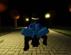 10hourburstman 1boy 1girls 3d big_breasts big_thighs black_skin blue_pussy blue_skinned_female blushing female huge_breasts item_asylum large_thighs male nipples oc pussy railing roblox roblox_avatar roblox_game robloxian tagme tophat unknown_artist