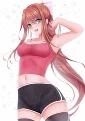 1girl 1girls 2020s 2021 armpits athletic athletic_female belly_button black_legwear bow brown_hair detailed_clothes doki_doki_literature_club dolphin_shorts exposed_stomach eyebrows_visible_through_hair front_view green_eyes hair_bow hair_ribbon hairbow hand_behind_head happy happy_smile knee-high_socks light-skinned_female light_skin long_hair long_hair_female looking_at_viewer manga medium_breasts mild_tomboy monika_(doki_doki_literature_club) nylon_bottomwear pink_shirt pink_topwear ponytail ribbon shiny_hair shorts side_slit smile smiling solo solo_female sportswear standing tank_top teenage_girl teenager thighhighs tomboy two_tone_bottomwear two_tone_bottomwear_(black&white) video_game_franchise white_ribbon worm's-eye_view zettai_ryouiki