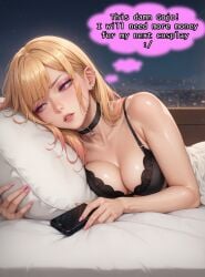 ai_generated anime bitchy blonde_bitch blonde_hair bra breasts cheating cheating_girlfriend choker dirty_thoughts dissappointed_look ear_piercing female in_bed kitagawa_marin lipstick makeup multicolored_hair netorare night on_bed phone pillow pink_eyes s seductive seductive_look slut sono_bisque_doll_wa_koi_wo_suru sweating table_diffusion thought_bubble thoughts vooluxx