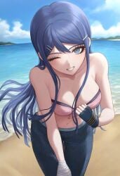 ;d ai_generated bent_over big_breasts danganronpa danganronpa:_trigger_happy_havoc female highres lips looking_at_viewer maizono_sayaka midriff nai_diffusion one_eye_closed pink_bikini pulling_clothing seductive_smile smirking solo stable_diffusion strapless teasing winking winking_at_viewer