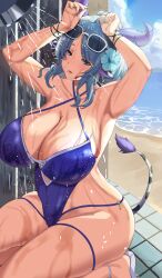 1girls beach blue_eyes blue_hair blue_one-piece_swimsuit blue_swimsuit bracelet breasts clouds cow_ears cow_girl cow_horns cow_tail female female_only hair_flower indie_virtual_youtuber kneeling large_breasts light-skinned_female light_skin looking_at_viewer miilkywayz milf mole mole_under_eye mole_under_mouth ocean one-piece_swimsuit outside ponytail sandals showering sky solo sunglasses sunglasses_on_head swimsuit tile_floor valfar_(valfer/valfar0029) virtual_youtuber water