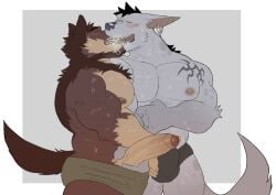 anthro bodily_fluids bulge canid canine canis duo fleshformomo french_kissing fur genital_piercing genitals hi_res kissing male male/male mammal muscular muscular_anthro muscular_male nipples penis penis_piercing piercing sweat tail vein veiny_penis wolf