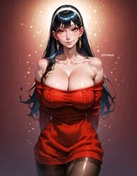 1girls ai_generated big_breasts bimbo black_hair breasts cleavage female female_only fr34ky human mature_female milf red_eyes solo spy_x_family stable_diffusion sweater thick_thighs yor_briar yor_forger