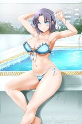 1girls bikini blue_bikini blue_eyes blue_swimsuit bracelet breasts grey_hair hairbow hi_res highres kimmy77 large_breasts looking_at_viewer midriff navel pool pool_ladder poolside senran_kagura short_hair side-tie_bikini side-tie_swimsuit swimsuit water yumi_(senran_kagura)