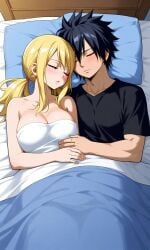 ai_generated black_hair blonde_hair clothed_male_nude_female fairy_tail gray_fullbuster lucy_heartfilia married_couple pixai wedding_ring