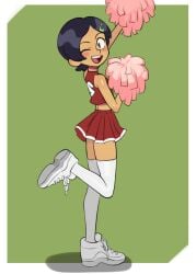 1girls amphibia asian asian_female blush cheerleader cheerleader_uniform crop_top disney disney_channel disney_xd female green_background hi_res highres long_socks mangamaster marcy_wu pom_poms shoes short_black_hair skirt solo white_background wink winking_at_viewer