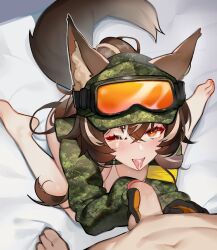 absurdres after_fellatio animal_ears armband blush breasts brown_hair callisto_(greyeth) camouflage camouflage_jacket commission cum cum_in_mouth digital_camouflage facial female fox_ears fox_tail highres jacket multicolored_hair ninai original penis second-party_source streaked_hair tail tongue tongue_out variant_set yellow_armband