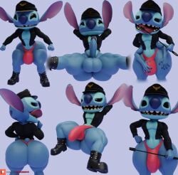 1boy 3d 3d_(artwork) 3d_model 4_arms alien anthro anthro_only balls big_ass big_butt big_thighs blue_body blue_fur boots bulge camseven digital_media_(artwork) femboy feminine feminine_male hands_behind_head hat jacket kinky leather_boots lilo_and_stitch male male_only open_jacket penis pose red_thong riding_crop stitch stitch_(lilo_and_stitch) thong thong_bulge tongue tongue_out wide_hips wide_waist