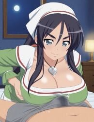 1boy 1girls ai_generated bedroom black_hair blue_eyes breast_rest breasts bulge bulge_through_clothing cleavage dress e-plus endurance_test erection_under_clothes headscarf huge_breasts imminent_ejaculation indoors jessica_(zero_no_tsukaima) long_hair moon necklace night paizuri paizuri_over_clothes pov precum precum_through_clothing smile smug straight zero_no_tsukaima