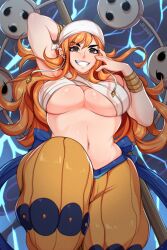 1girls baggy_pants bracelets clothed_female drums enel_(cosplay) female female_only fiveish grinning headband large_breasts lightning nami one_piece orange_hair post-timeskip underboob