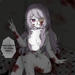 1girls angel angel_girl blood blood_on_body bondage breasts eye_patch female female_focus female_only funamusea lavender_eyes lavender_hair linaria_purpurea navel nipples nude pipochipzz scar scars