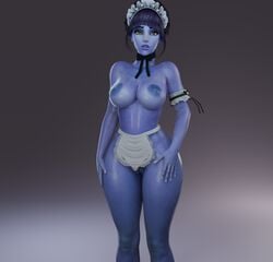 3d blender blizzard_entertainment blue_skin breasts exposed_breasts exposed_nipples exposed_pussy female female_focus female_only gasping large_breasts looking_at_viewer looking_surprised maid maid_apron maid_headdress no_panties overwatch partially_clothed purple_skin r4mpage3d thick_thighs widowmaker