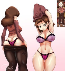 1girls alternate_body_type armpits arms_up ass ass_cleavage blush bra brown_hair butt_crack cameltoe child_bearing_hips cjhomics cleavage dat_ass erect_nipples erect_nipples_under_clothes female female_only hilda_(series) hips huge_ass johanna_(hilda) large_breasts lingerie mature mature_female mature_woman medium_hair navel pants pantyhose pink_panties purple_bra smile sony_corporation sweater thick_thighs underwear undressing voluptuous wide_hips