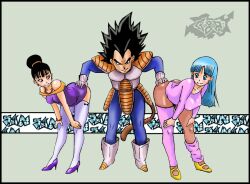 1boy 2girls artist_request ass ass_grab big_ass bulma_briefs cheating chichi dragon_ball dragon_ball_z female harem interspecies male male/female/female milf mother royalty straight swingers threesome threesome_invitation trio vegeta