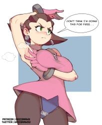 1girls arm_up armpit armpit_fetish armpit_play armpits breasts capcom dress english_text female female_only gaiidraws mega_man mega_man_legends solo tagme tron_bonne