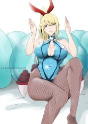 1girls blonde_hair blue_eyes blue_leotard breasts bunny_ears fake_animal_ears fishnet_pantyhose fishnets hi_res highres large_breasts leotard looking_at_viewer metroid metroid_(creature) mole mole_under_mouth nintendo pantyhose playboy_bunny ponytail samus_aran sitting vialnite