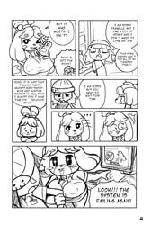 animal_crossing anthro big_breasts blush bodily_fluids breasts canid canine canis cheems cleavage clothed clothing comic dialogue domestic_dog english_text female hi_res human ichduhernz isabelle_(animal_crossing) male mammal monochrome nintendo nipple_outline page_4 tears text video_games