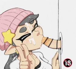 1futa 1girls agent_4_(splatoon) callie_(splatoon) censored clothed_female cum cum_on_face fellatio futa_on_female futanari glory_hole inkling nintendo nuranura-san oral small_penis smooth_skin splatoon splatoon_2 v wink