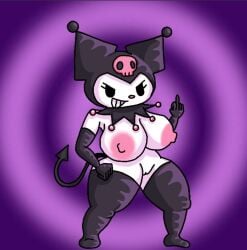 big_breasts dara1n gloves kuromi middle_finger onegai_my_melody purple_background sanrio skull socks tail thick_thighs