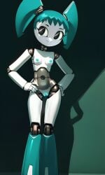 ai_generated black_eyes boots boots_only cyan_hair female hands_on_hips jenny_wakeman my_life_as_a_teenage_robot naked naked_female nickelodeon nude pixai robot_girl robot_humanoid robot_joints skinny slim slim_waist small_breasts solo twintails white_skin xj-9