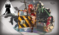 alternate_costume arknights black_shirt clothed fully_clothed graffiti horns liberte_echec light-skinned_female light_skin official_art purple_eyes red_hair red_skirt redhead skateboard surtr_(arknights) sword tagme