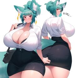 1girls alyssa_(busmansam) ass big_breasts bra breasts button_down_shirt cleavage female harufeng multiple_views office_clothing pencil_skirt tail thick_thighs thighs wolf_girl