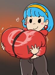 1girls amelia_n. blue_hair breast_expansion breasts earring female female_only huge_breasts mob_face nintendo royaloppai solo solo_female super_smash_bros. sweater