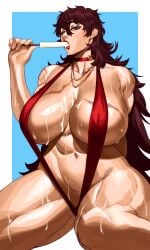 1girls big_breasts breasts cheonak_(mutageniccrow) choker commission dark_red_hair huge_breasts kneeling long_hair looking_at_viewer muscles muscular muscular_female muscular_thighs popsicle popsicle_in_mouth red_eyes red_hair red_lipstick scar scar_on_breasts sling_bikini slingshot_swimsuit solo sotcho very_high_resolution