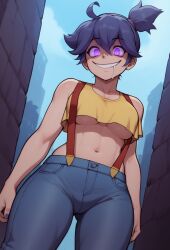 1girls ai_generated bookoflustfan creepy_smile crop_top drooling female female_only glowing_eyes hex_maniac hexification human jeans kasumi_(pokemon) midriff pokemon possessed possession purple_hair short_hair solo spiky_hair spiral_eyes suspenders underboob