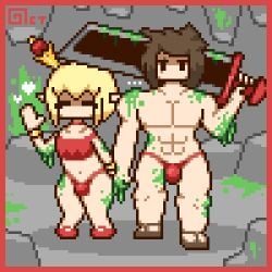 2boys blonde_hair brown_hair cave crown elf elf_ears ellipsis femboy heart holding_hands male_only mob_face muscular muscular_male octotron2000 pixel_art scar slime spoken_ellipsis spoken_heart sword thick_thighs thong wide_hips