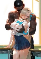 ai_generated asuna_(blue_archive) asunablacked big_penis blonde_hair blue_archive dark-skinned_male interracial middle_finger