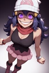 ai_generated beanie bookoflustfan boots bracelets creepy_smile dawn_(pokemon) drooling fully_clothed glowing_eyes hex_maniac hexification miniskirt pokemon possessed possession purple_eyes scarf shadow_over_eyes spiral_eyes