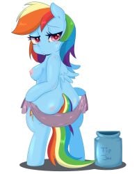 2014 4:5 alpha_channel anthro anthrofied ass blue_body blue_feathers blue_fur blush breasts container cutie_mark english_text equid equine feathered_wings feathers female friendship_is_magic fur hair half-closed_eyes hasbro hi_res jar looking_at_viewer looking_back looking_back_at_viewer loopend mammal multicolored_hair multicolored_tail my_little_pony mythological_creature mythological_equine mythology narrowed_eyes nude pegasus rainbow_dash_(mlp) rainbow_hair rainbow_tail simple_background solo tail text tip_jar towel wings