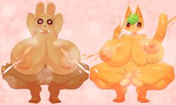 absurd_res animal_crossing anthro big_breasts bodily_fluids breasts brown_body coco_(animal_crossing) domestic_cat duo felid feline felis female female/female genital_fluids genitals heart_eyes heart_symbol hi_res huge_breasts lactating lactating_juice lagomorph leporid mammal milk nintendo not_furry omenyanozero orange_body pussy rabbit spread_legs spreading steam tangy_(animal_crossing) thick_thighs tongue tongue_out vaginal_fluids