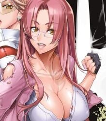 bra brass_knuckles brown_eyes cleavage color female female_focus female_only glasses huge_breasts long_hair looking_at_viewer loose_clothes manga manga_page nipple_bulge pink_hair sakurada_nao satou_shouji smiling_at_viewer teacher torn_clothes triage_x