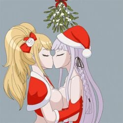 2girls animated blonde_hair braid breasts christmas christmas_outfit cleavage danganronpa exposed_chest fantasyblade female_only femsub functionally_nude functionally_nude_female gloves hat hypnosis junko_enoshima kirigiri_kyouko kissing large_breasts lesbian_kiss long_hair mind_control mistletoe multiple_girls naked naked_cape naked_gloves nipples nude open_mouth opera_gloves pink_hair santa_hat smooth_skin spiral_eyes symbol_in_eyes symmetrical_docking yuri