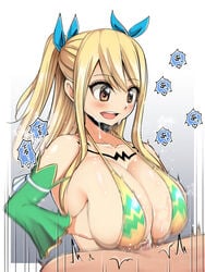 1boy bangs big_breasts bikini blonde_hair blue_ribbon blush body_markings border bouncing_breasts breast_squeeze breasts breath brown_eyes cleavage commentary_request cum detached_sleeves eyebrows_visible_through_hair facial fairy_tail female flying_sweatdrops hair_ribbon happy_facial highres large_breasts looking_at_another lucy_heartfilia motion_blur motion_lines open_mouth paizuri paizuri_under_clothes ribbon sakidesu sidelocks smile solo_focus sound_effects straight strap_gap sweat swimsuit two_side_up upper_teeth wet white_border yellow_bikini