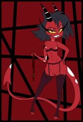 beauty_mark belt black_hair demon demon_girl demon_tail female helluva_boss horns imp millie_(helluva_boss) naughty_face pigeon_demon red_body red_skin short_hair smile solo standing tail teeth yellow_eyes yellow_sclera