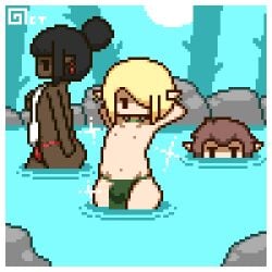 3boys arms_behind_head arms_up bath black_hair blonde_hair brown_hair bulge chibi dark-skinned_femboy dark-skinned_male dark_skin earrings elf elf_ears exhibitionism femboy hair_bun loincloth male_only mob_face navel octotron2000 onsen pixel_art thick_thighs towel wide_hips