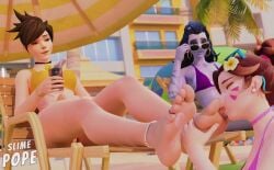 3d 3girls asian asian_female barefoot big_feet bikini bliss brown_hair closed_eyes d.va feet female/female/female female_only foot_fetish foot_focus foot_grab foot_lick foot_play foot_worship french_female girls girls_only kiss_mark lesbian only_female outside overwatch overwatch_2 palm_tree purple_hair purple_skin relaxing slimepope smiling soles sucking_toes sunglasses tattooed_arm tracer tropical vacation widowmaker yuri