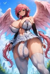 ai_generated angel angel_wings crotch_bulge futa_only futanari green_eyes huge_breasts huge_nipples ikaros kunaboto_(style) pink_hair solo_futa sora_no_otoshimono