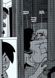 1boy 1girls arm_around_neck ass_grab black_hair brother_and_sister comic completely_nude cowgirl_position grabbing_ass incest indoors knives_chau monochrome nipples nude on_floor one_eye_closed open_door open_mouth peeping scott_pilgrim scott_w_pilgrim sex stacey_pilgrim text twosipsofbleach