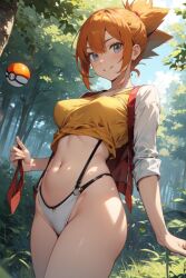 1girls ai_generated blue_eyes crop_top female female_only forest human kasumi_(pokemon) orange_hair pokeball pokemon ponytail seductive_look seductive_smile solo suspenders tree trees woods yellow_shirt