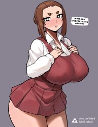 1girls breasts brown_eyes brown_hair brunette_hair busty clothed dialogue donburikazoku english_text female hair_bun hi_res hips huge_breasts kaii_to_otome_to_kamikakushi massive_breasts submissive_pose sumireko_ogawa thick_thighs thighs twitter_link wide_hips