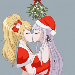 2girls animated blonde_hair braid breasts christmas cleavage danganronpa fantasyblade female_only femsub functionally_nude functionally_nude_female hat junko_enoshima kirigiri_kyouko kissing large_breasts lesbian_kiss mistletoe open_mouth santa_hat smooth_skin spiral_eyes symbol_in_eyes yuri