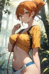 1girls ai_generated blue_eyes crop_top female female_only forest human kasumi_(pokemon) orange_hair pokeball pokemon ponytail seductive_look seductive_smile solo suspenders tree trees woods yellow_shirt